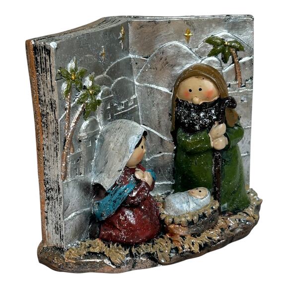Nativity Scene Set in Open Book Silver Tone Earth Tones Christmas Home Decor - Picture 4 of 7